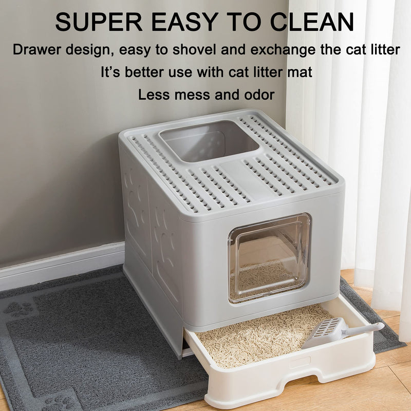 Suhaco Foldable Cat Litter Box with Lid, Large Enclosed Cat Litter Boxes, Top Entry Cat Potty, Easy to Clean Anti-Splashing Litter Pan Including Litter Scoop (Grey) Grey - PawsPlanet Australia