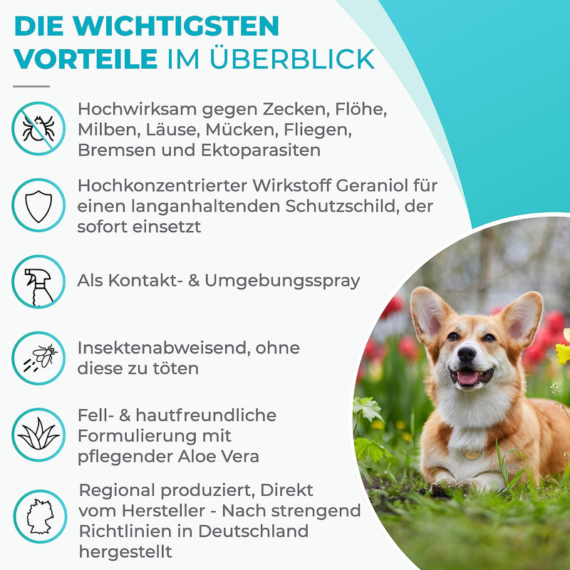 Hundepflege24 tick spray for dogs - highly effective flea and tick protection for dogs and cats with geraniol and aloe vera - insect protection against ticks, fleas, mites, lice, mosquitoes - 500ml - PawsPlanet Australia