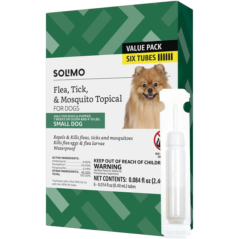 Amazon Brand - Solimo Flea, Tick & Mosquito Topical Treatment for Dogs (Small, Medium, Large, X-Large), 6 Count Small (4-10 pounds) - PawsPlanet Australia