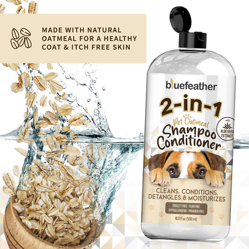 bluefeather Oatmeal Pet Shampoo and Conditioner 2 in1 with Aloe Vera – Dog Shampoo and Conditioner for Pets Dry, Itchy Skin – Bath Soap 2 in1 for Dogs, Puppies, Cats and Kittens - 16.9 Fl Oz - PawsPlanet Australia