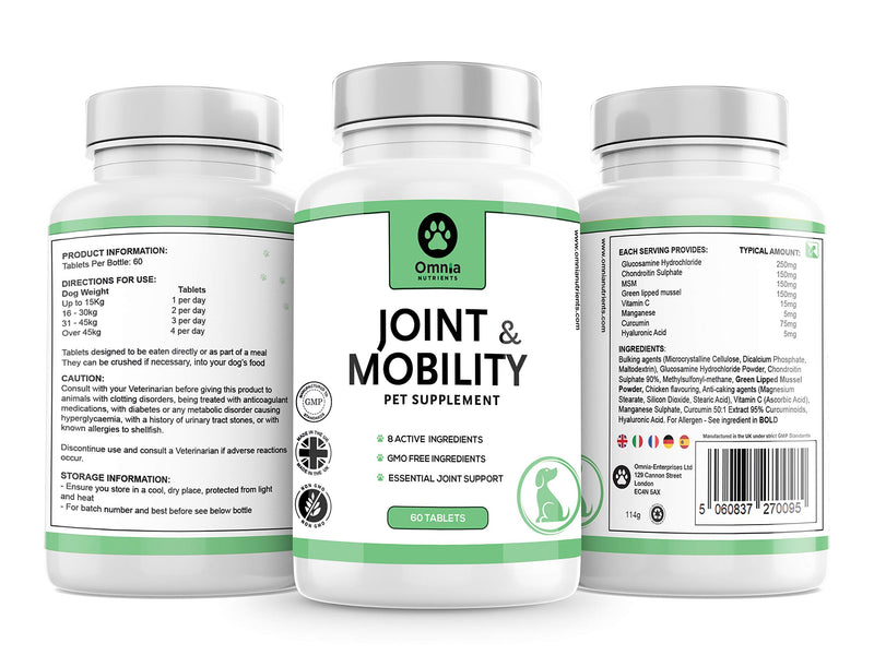 Omnia NUTRIENTS Dog Joint Care Supplements, Glucosamine for Dogs, Natural Chondroitin & Green Lipped Mussel, Joint aid for Dogs, 8 Active Ingredients, 60 Dog Supplements Tablet - PawsPlanet Australia