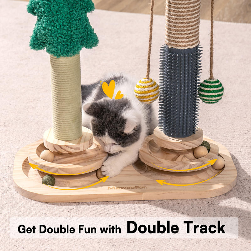 MEWOOFUN 3-in-1 Cat Toy Kitten Toy Made of Wood - Double Scratching Post Interactive Cat Toy Roller 2-Layer Turntable Kitten Toy with Hanging Ball Toy Cat 40 x 57 cm - PawsPlanet Australia