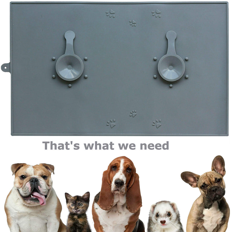 [Australia] - Dog Food Mat - Cat Food Mat - Pet Food Mat - Grey Silicone Non-skid Dog Bowl Mat for Floors - Waterproof Washable Soft Dog Mats for Food and Water - 19x12 Dog Feeding Mat with Raised Edges Bowls Tray 