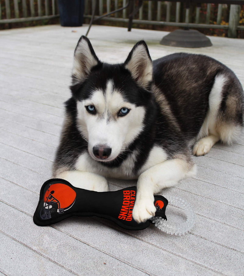 Pets First NFL Cleveland Browns Football Dental Tough Dog TUG Bone Toy with Built-in Squeaker Attached to a Safe Rubber Teething Toothbrush PET Toy, Team Color, 14 x 5 (CLE-3310) 14 x 5" - PawsPlanet Australia