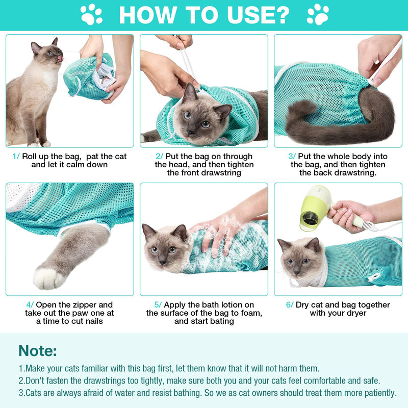 Cat Shower Net Bag Cat Grooming Bathing Bag Adjustable Cat Washing Bag Multifunctional Cat Restraint Bag Prevent Biting Scratching for Bathing, Nail Trimming, Ears Clean, Keeping Calm Green - PawsPlanet Australia