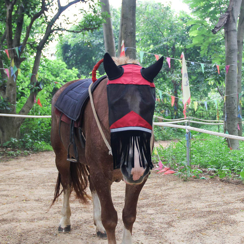 Luxiv Horse Fly Mask with Ears, Fly Mask with Nose Fringe for Horse Breathable Mesh Horse Fly Mask with Ears and Nose Fringe Red and Black - PawsPlanet Australia