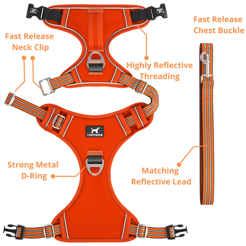 TUFFDOG Easy-Fit Dog Harness Small Dog - Fast Release Neck Clip, Premium Padded Reflective No Pull Harness with Control Handle,, Adjustable Step-in Dog Vest Plus Free Matching Lead (S, Blaze Orange) - PawsPlanet Australia