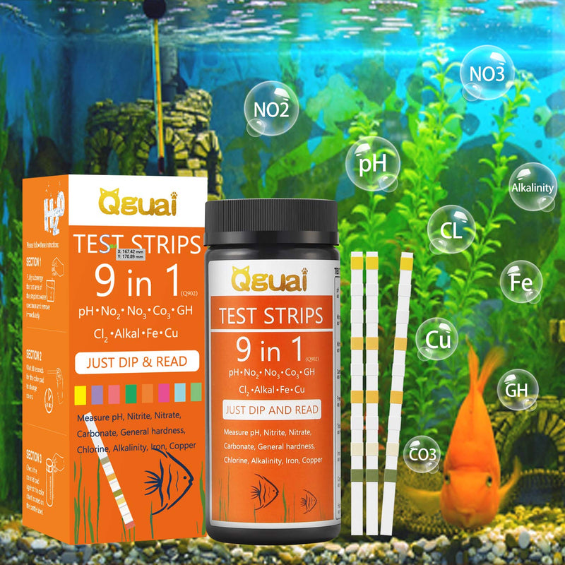 Qguai Aquarium Test Strips, 9 in 1 Aquarium Water Test Kit for Freshwater Saltwater Pond Water Fish Tanks, Help Prevent Invisible Problems by Monitoring Nitrate, Nitrite, PH, Free Chlorine and More - PawsPlanet Australia