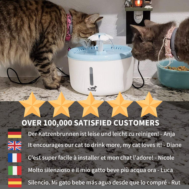 Toozey Cat Water Fountain for Pet and Dog with 3 Filters, 2 Cleaning Brushes, Water Level Window and Super Quiet Pump, Automatic Drinking Fountain 2L Aqua Blue - PawsPlanet Australia