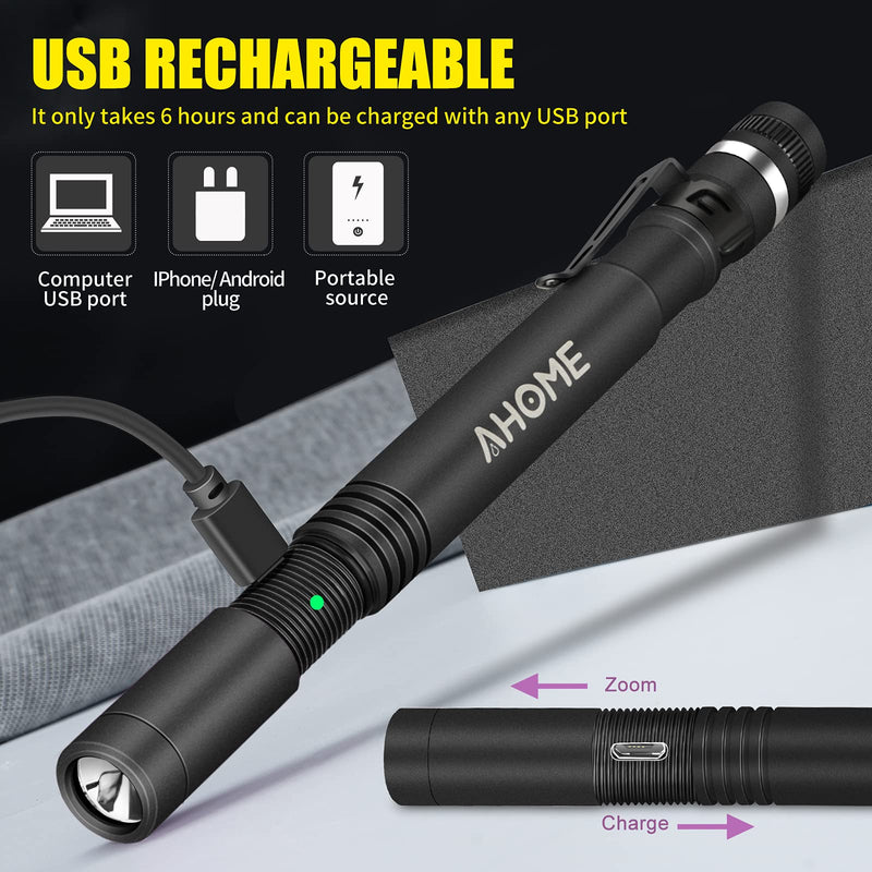 AHOME P2 USB Rechargeable Pen Torch, 250 Lumen LED Pocket Penlight, IPX5 Water-Resistant, 1000mAh NiMH Battery ×2 Included, 2 Modes (High, Low) - PawsPlanet Australia