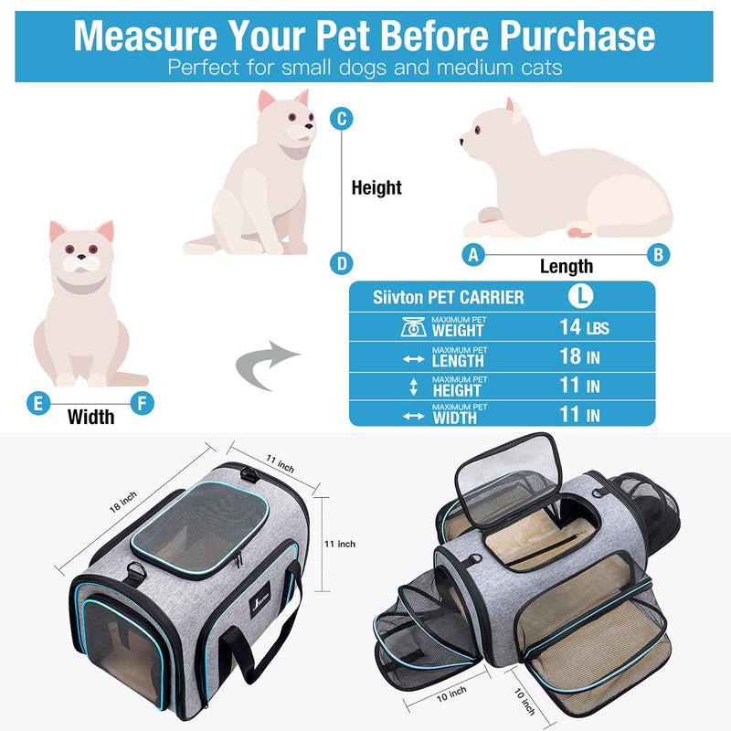 Siivton Pet Carrier for Cat, Puppy, Portable Four-sides Expandable Airline Approved Cat Carrier Travel Friendly Foldable Soft Fleece Bed Carry Your Pet With You Safely and Comfortably L - PawsPlanet Australia