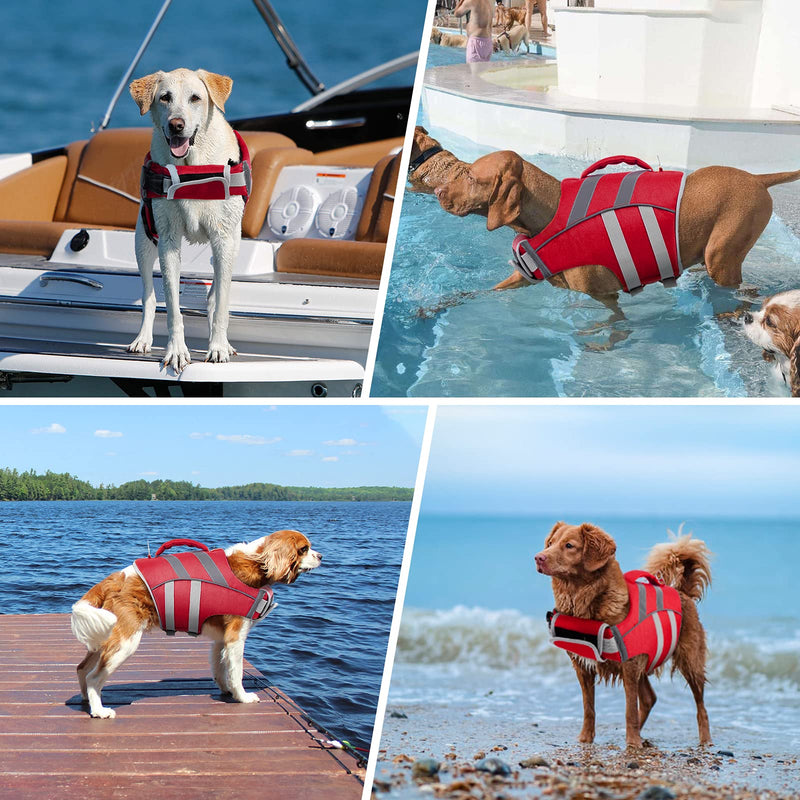 Kuoser Dog Life Jacket with Reflective Stripes, Adjustable High Visibility Dog Life Vest Ripstop Dog Lifesaver Pet Life Preserver with High Flotation Swimsuit for Small Medium and Large Dogs X-Small Red - PawsPlanet Australia