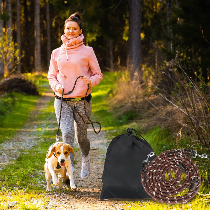 Dog leash for large and medium dogs - Adjustable double nylon leash with 2 snap hooks and 3 rings - 3m x 15mm - Brown - PawsPlanet Australia