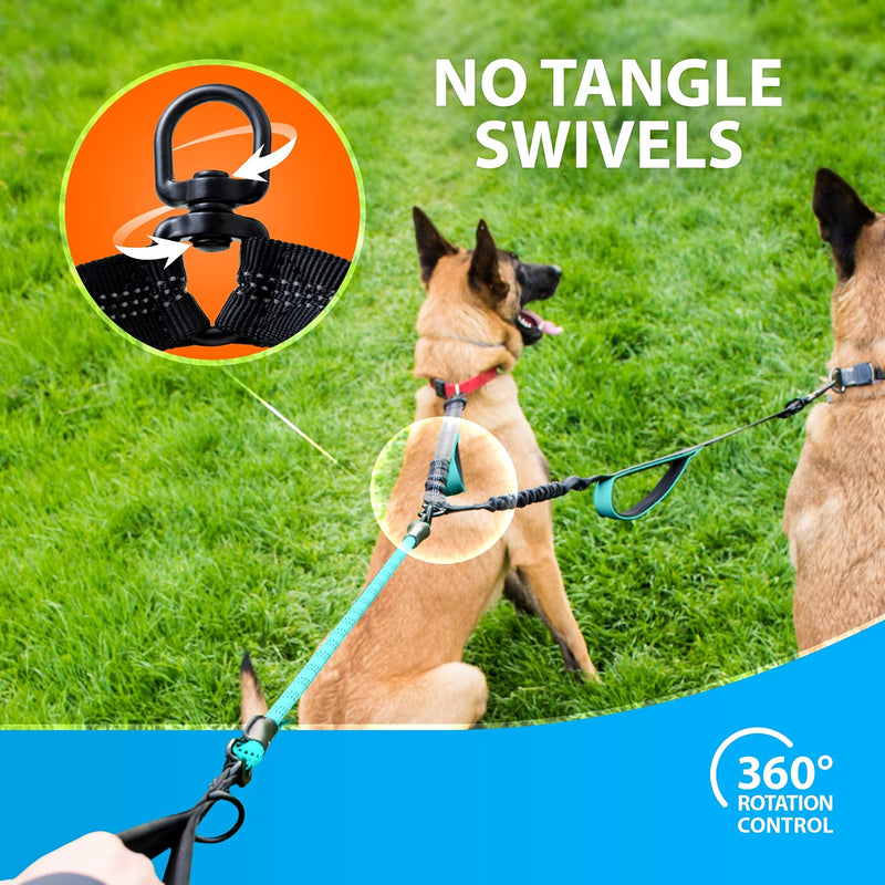 Dog leash for 2 dogs with bungee extension for large and medium-sized dogs with shock absorber | Reflective Elastic Dog Leash for Walking Teal For Two Dogs - PawsPlanet Australia