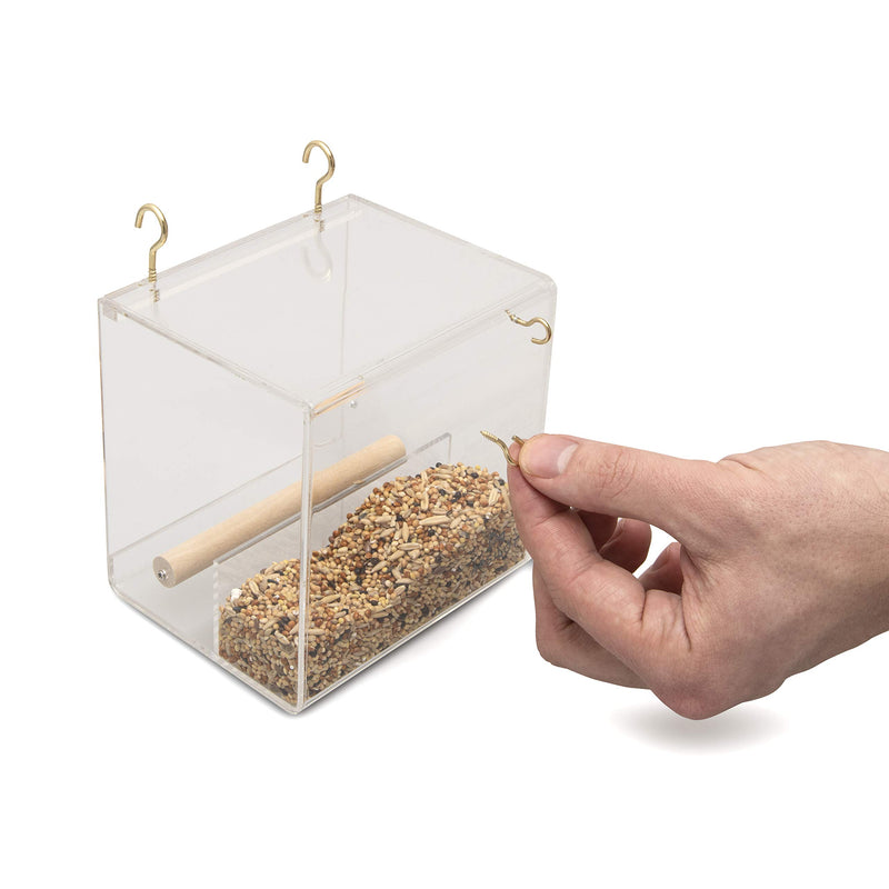 Apsilot No Mess Small Bird Feeder - Clear Acrylic Partitioned Feeding Dish for Budgie Cage with Seed Catcher Tray, Removable Wooden Perch and Mounting Hooks - Complete with Feed Scoop - PawsPlanet Australia