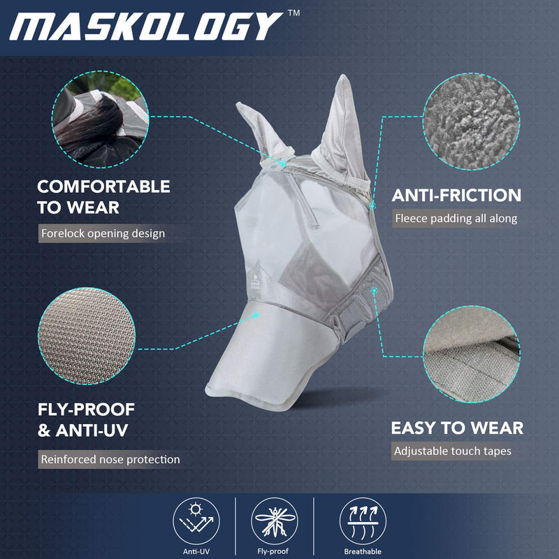 Harrison Howard Horse Fly Mask Superb Nose Protection with Ears UV Protection for Horse Full (Large) Silver Grey - PawsPlanet Australia