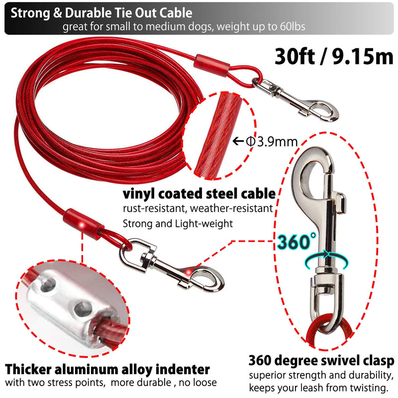 Pestairs 30 Ft Dog Tie Out Cable and Stake - Heavy Dog Yard Leash and Stake for Small Medium Large Dogs Up to 100 lbs - Spiral Blade Dog Yard Stake for Outside Yard Beach Lawn 30ft - 60lbs Red - PawsPlanet Australia