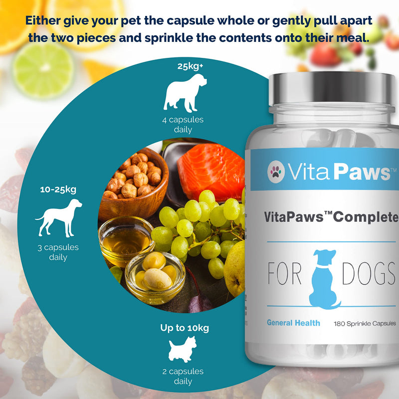 Multivitamins for Dogs | VitaPaws Complete | Includes Vitamin C, Ginseng & L-Carnitine | 180 Sprinkle Capsules Ideal for Fussy Pets | UK Manufactured - PawsPlanet Australia