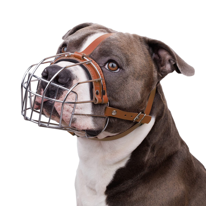 BRONZEDOG Pitbull Dog Muzzle Breathable Metal Basket for Large Dogs Amstaff Staffordshire Terrier Biting Chewing Barking (Brown) Brown - PawsPlanet Australia