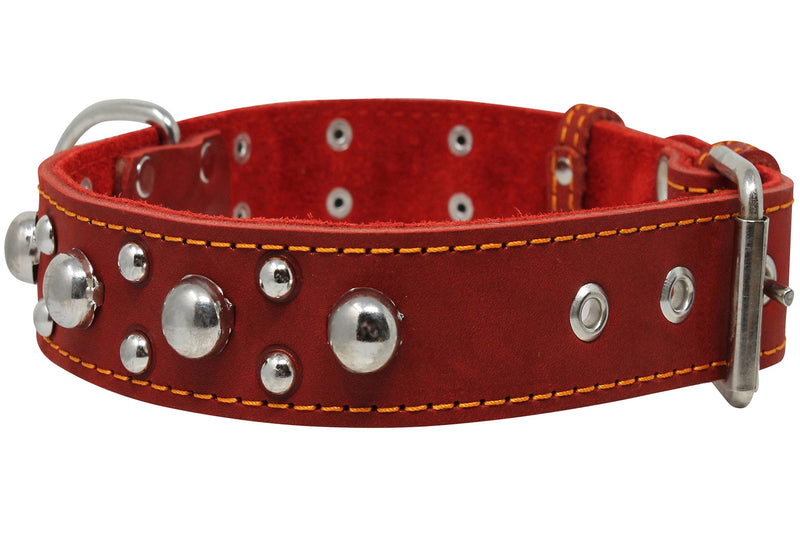 [Australia] - Red Real 1.5" Wide Thick Leather Studded Dog Collar. Fits 17"-21.5" Neck, Large Breeds. 