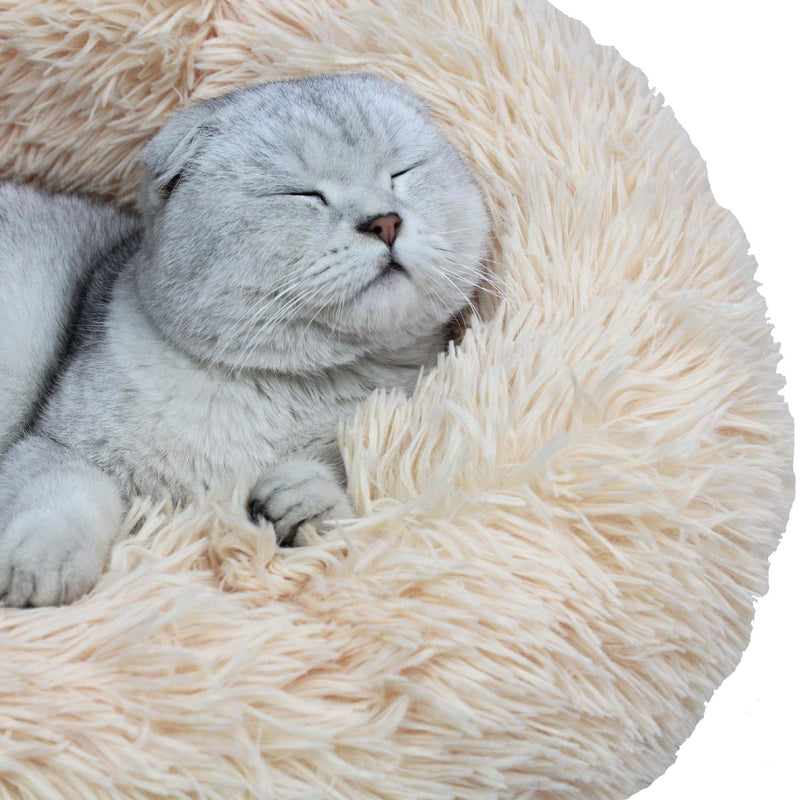 BODISEINT Modern Soft Plush Round Pet Bed for Cats or Small Dogs, Mini Medium Sized Dog Cat Bed Self Warming Autumn Winter Indoor Snooze Sleeping Cozy Kitty Teddy Kennel (S(19.7”Dx7.9 H, Champagne) S(19.7"Dx7.9"H) - PawsPlanet Australia