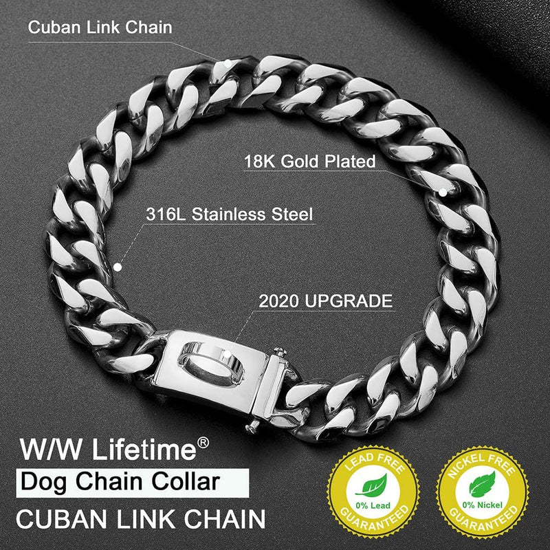 W/W Lifetime Dog Chain Collar Walking Metal Collar with Design Secure Buckle Cuban Link Strong Heavy Duty Chew Proof Chain Collar for Small Medium Large Dogs 15 Inch - PawsPlanet Australia