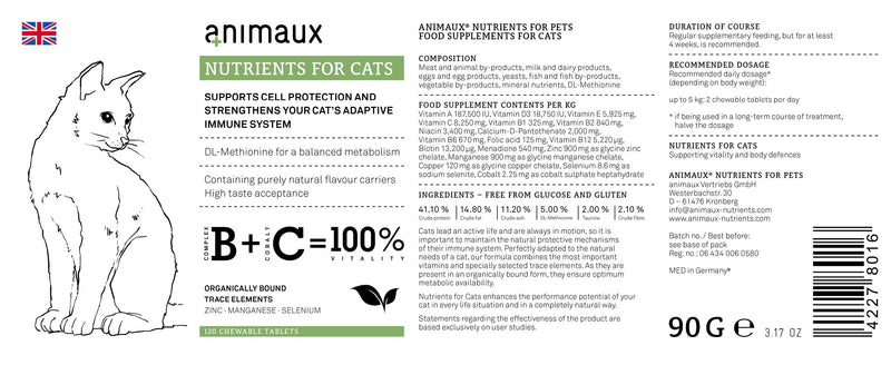 animaux®  nutrients for cats | All-Natural Cat Vitamins to Support the Immune System and Cell Protection | Zinc, Manganese, Selenium | Skin and Coat | 120 Chewable Tablets - PawsPlanet Australia