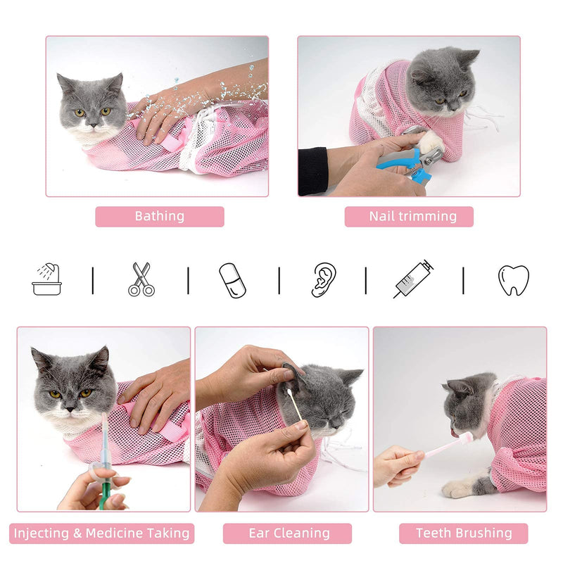 CNXU 3 Pcs Large Multi-Function Cat Grooming Bath Bag with Handle Gloves，Anti-Scratch Anti-Bite Adjustable Kitty Restraint Mesh Bag for Bathing, Nail Trimming, Injection, Medicine Taking Pink - PawsPlanet Australia