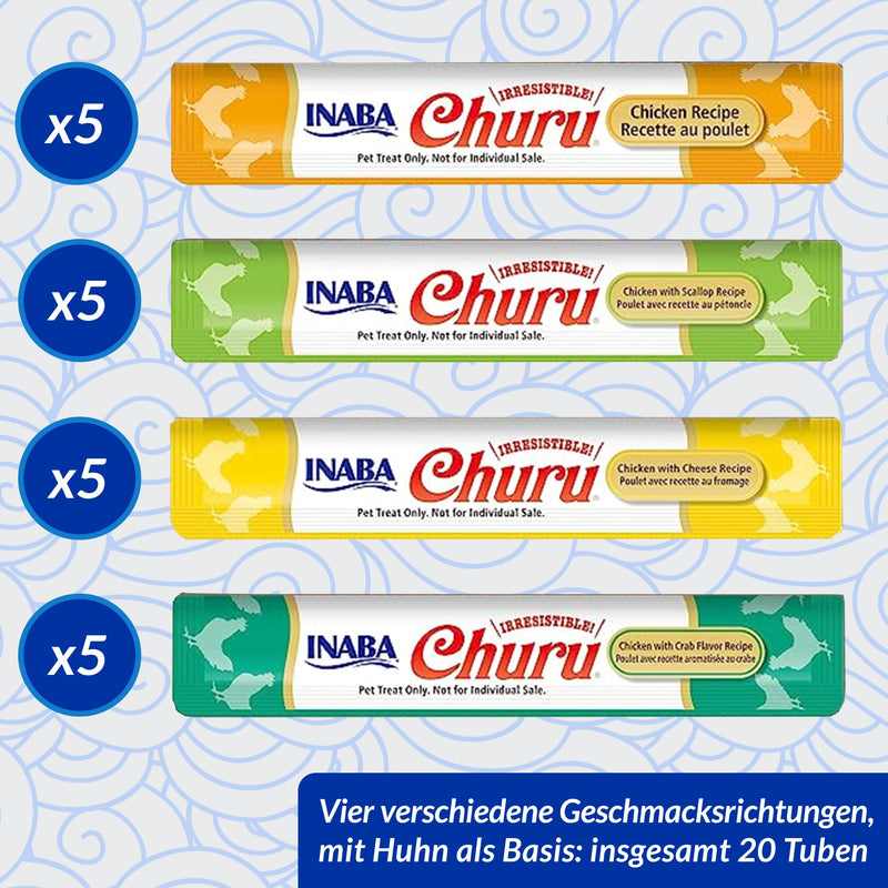 INABA Churu Puree Multipack - 20 tubes in total: 5X Chicken, 5X Chicken with Scallops, 5X Chicken with Cheese and 5X Chicken with Crabs - PawsPlanet Australia