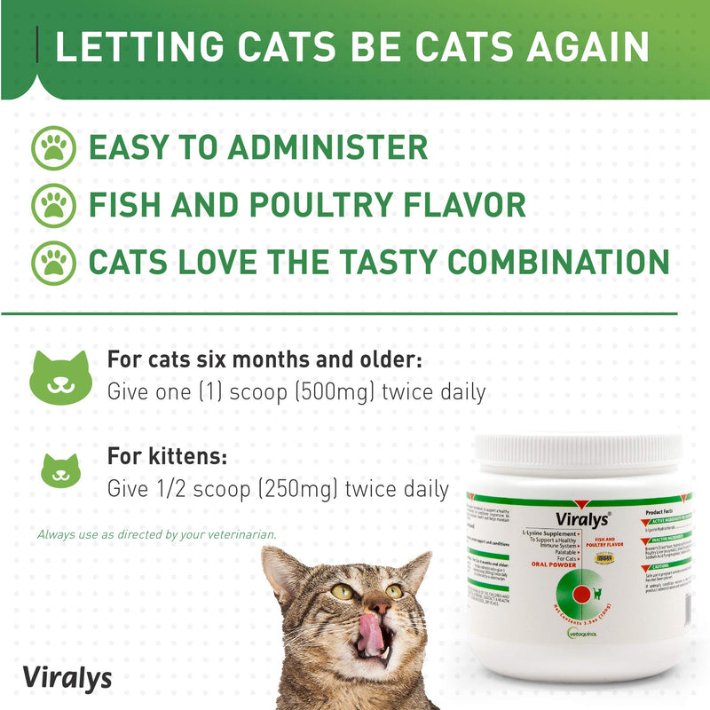 Vetoquinol Viralys L-Lysine Supplement for Cats - Cats & Kittens of All Ages - Immune Health - Sneezing, Runny Nose, Squinting, Watery Eyes - Flavored Lysine Powder 100 Grams - PawsPlanet Australia