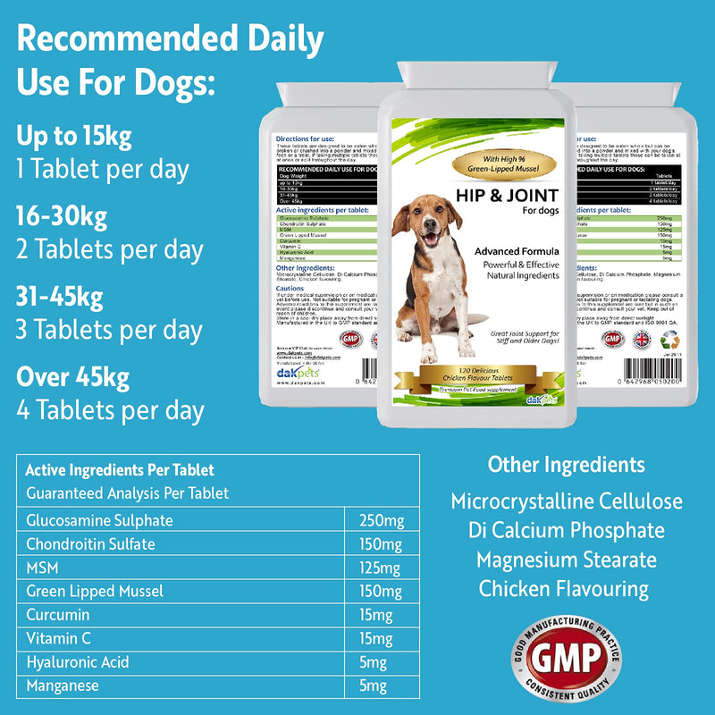 Advanced Hip and Joint Support Glucosamine for Dogs - Powerful Chondroitin, MSM, Curcumin & Green Lipped Mussel Dog Joint Supplement - with Vitamins E & C, 120 Tablets, made in UK (120 tablets) - PawsPlanet Australia