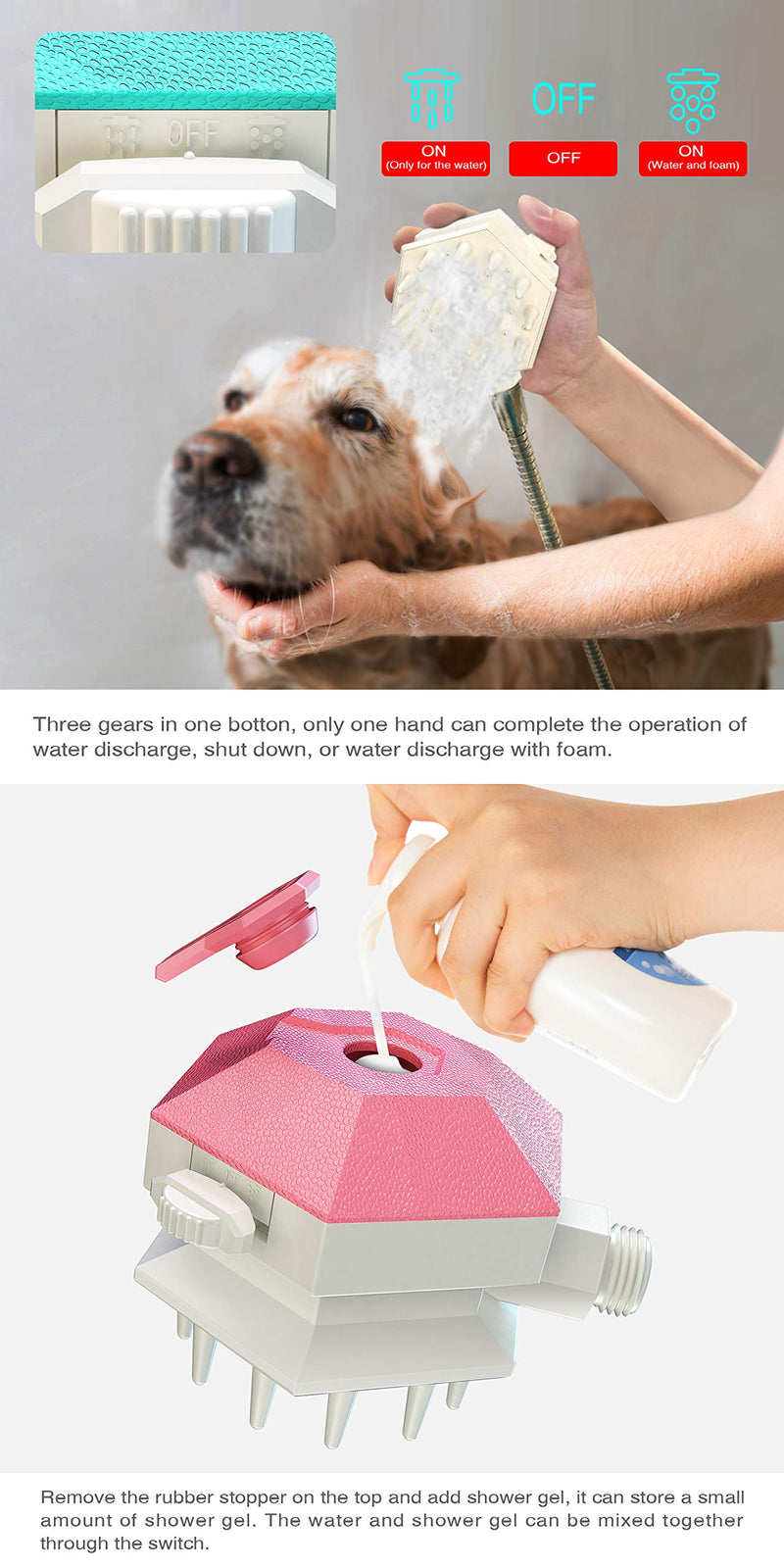 [Australia] - NMGGGU pet Shower Nozzle pet Bathing Too Sprayer 3 in 1 Shampoo Cleaning Innovative Brush Massaging Dog and cat Bath tub Outdoor Garden Hose Compatible Pink 