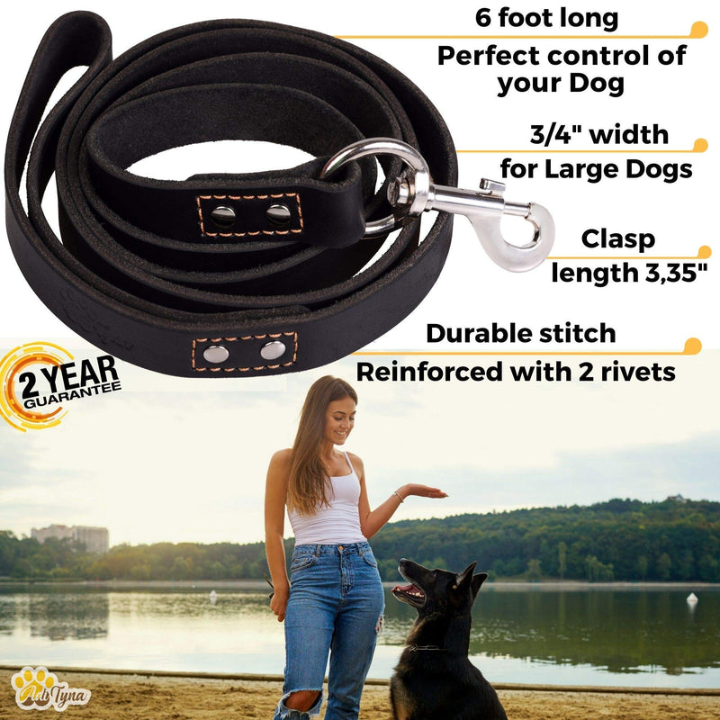 Leather Dog Leash 6 Foot x 3/4 inch - Strong and Soft Leather Leash for Large and Medium Dogs - Dog Training Leash (Black) L - 6 ft x 3/4 inch Black - PawsPlanet Australia