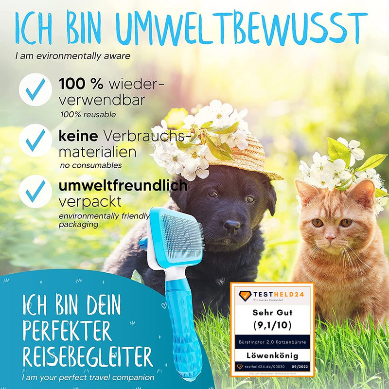 LÖWENKÖNIG® BÜRSTINATOR 2.0 Premium cat brush & dog brush Self-cleaning for short-haired & long-haired animals I Pet brush large, fur brush removes loose undercoat & matted dog & cat hair Bestseller: Bürstinator 2.0 in blue - PawsPlanet Australia