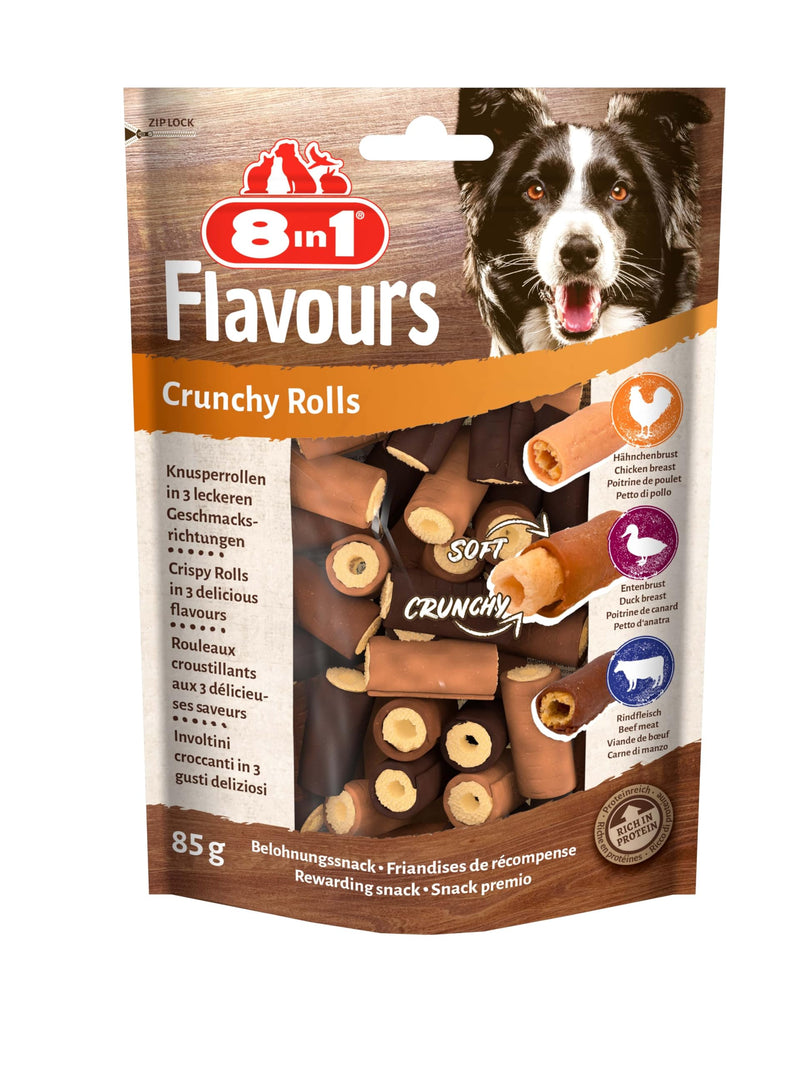 8in1 Flavors Crunchy Rolls dog snacks - crunchy treats for dogs with chicken breast, duck breast or beef, 85 g bag - PawsPlanet Australia