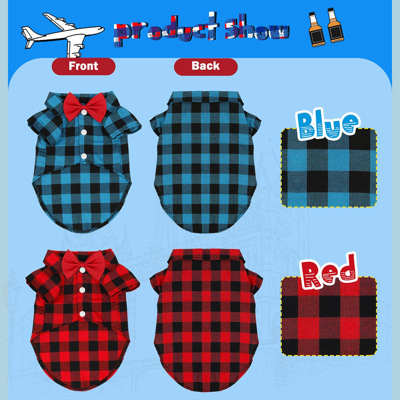 GINDOOR 2 Pack Plaid Dog Shirt - Cute Boy Dog Clothes and Bow Tie Combo Dog Outfit for Small Medium Large Dogs Cats Birthday Party and Holiday Photos Small / Weight (4-6lbs) - PawsPlanet Australia