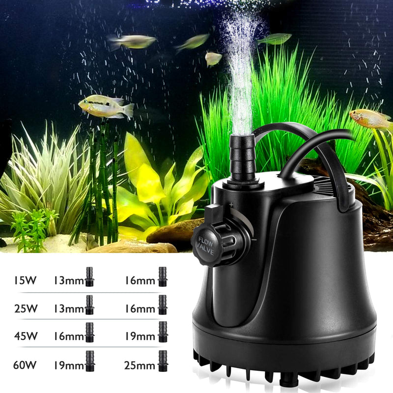 AQQA 265-800GPH Submersible Water Pump,Ultra-quiet Fountain Pump,Ultra-low Water Level With High Lift,Adjustable Flow Rate 2 Nozzles 6ft Power Cord For Fish Tank, Pond, Hydroponics (15W 265GPH) 15W 265GPH - PawsPlanet Australia