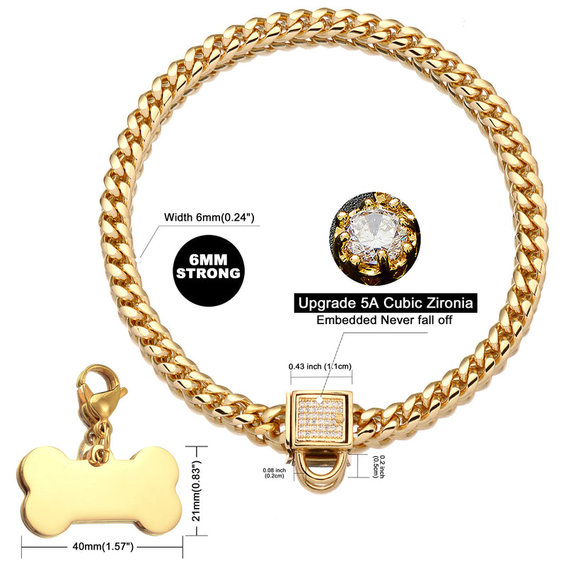 Jewelry Kingdom 1 Dog Chain Collar with Tag and Ice-Out Cubic Zirconia Stones Secure Buckle 18K Metal Stainles Steel Cuban Link Chain 6MM Walking Training Collar 10in to 20in for Dog Puppy Cats Kitty 10" (Fits cat Neck 8" to 9.5") - PawsPlanet Australia
