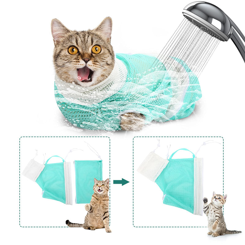 2 Pieces Cat Bathing Bag Detachable Cat Shower Net Bag Breathable Cat Grooming Bag Anti-Bite and Anti-Scratch Cat Puppy Cleaning Shower Bag for Bathing Nail Trimming Feeding, Green and Gray - PawsPlanet Australia