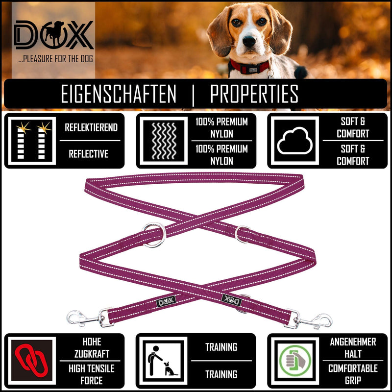 DDOXX dog leash nylon, reflective, 3-way adjustable, 2m | for small & large dogs | Double Leash Two Dog Cat Puppy | Towing leash | Lead leash | Running leash puppy leash | S, Purple Violet S - 1.5 x 200 cm - PawsPlanet Australia