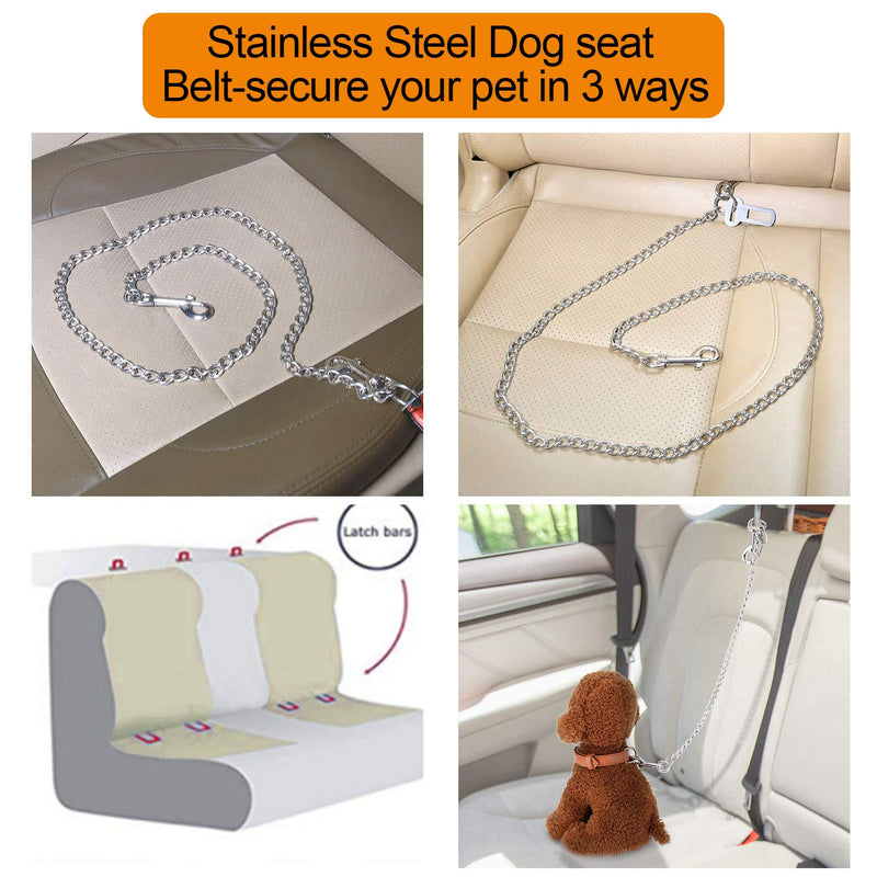 [Australia] - Pettom Metal Dog Car Seat Belt Chain Leash Pet Vehicle Safety Restraint Lead Stainless Steel Chew Proof Dog Car Leash Double Clips & Latch Attachment M 