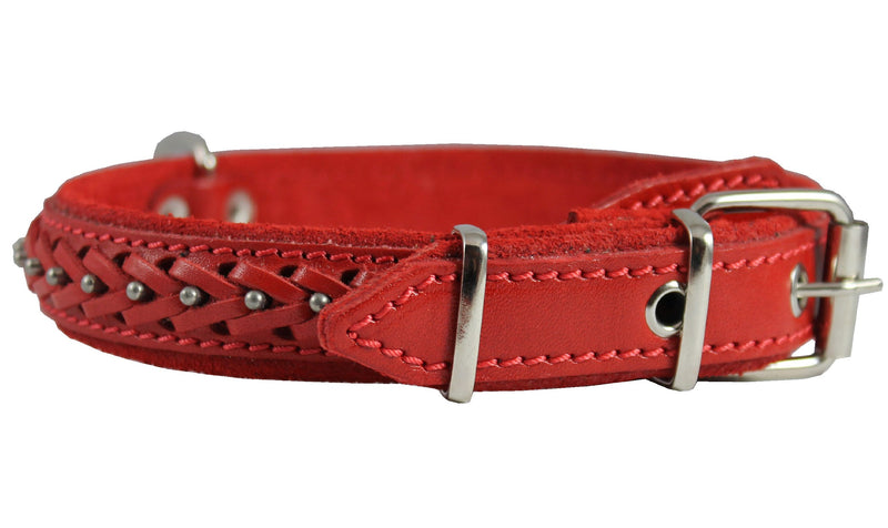 [Australia] - Genuine Leather Braided Studded Dog Collar, Red 1" Wide. Fits 14"-18" Neck. Brittany, Collie, Harrier, 