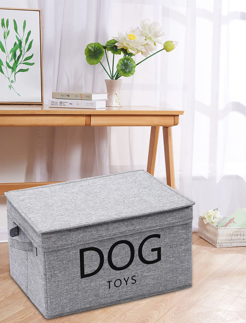 Medium dog toy bin 15"x10"x8.3" inch linen-cotton blend dog container organizer with lid - collapsible dog toy basket for organizing dog cat toys and accessories - Gray - PawsPlanet Australia