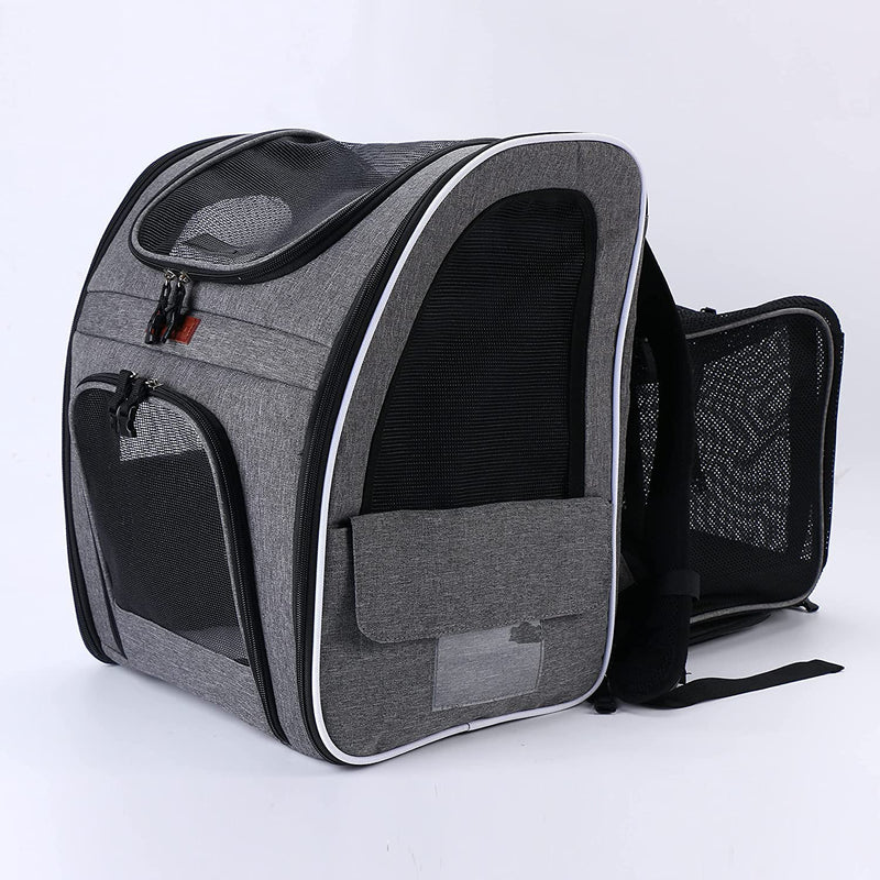 Pet Carrier Backpack Bag for Cats, Small & Medium Sized Dogs & other Pets- ENCHANT Pet Carrier Rucksack is Expandable with Extendable Back, Breathable Opening Mesh & Window Pockets. GREY - PawsPlanet Australia