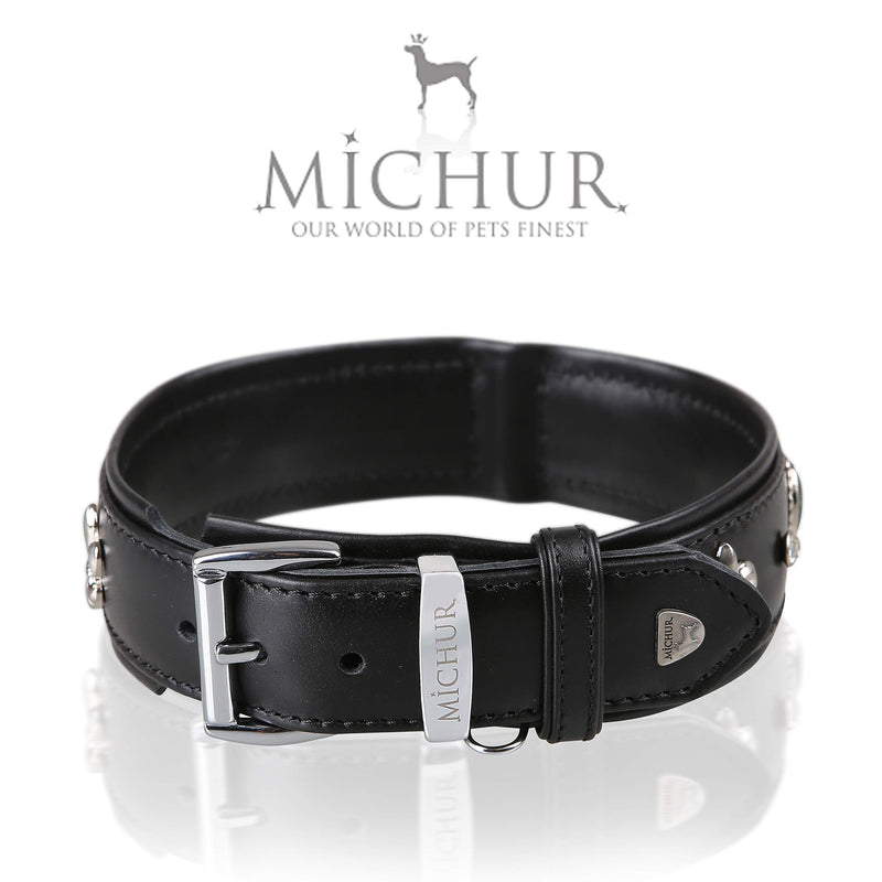 MICHUR El Pavo Dog Collar Leather, Leather Collar Dog, Collar, Black, LEATHER, with lilies, rhinestones and big peacock eye Neck circumference 20,47-22,83" - PawsPlanet Australia