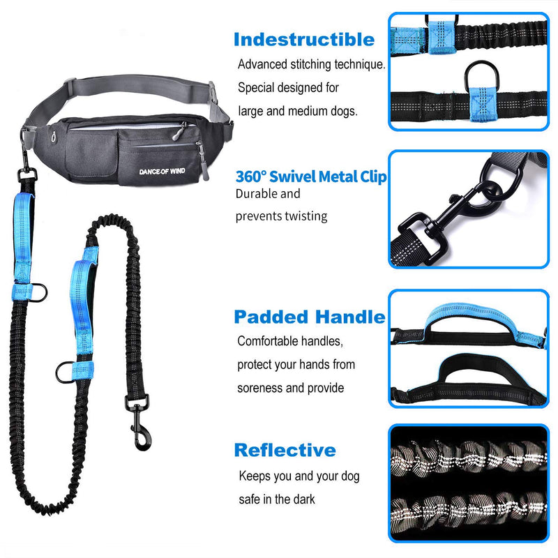 SZELAM Hand Free Dog Lead, Dog Running Leash with Waterproof Waist Belt Bag, Reflective Shock Absorbing Bungee with 2 Handles for Dog Walking Training (1 Extra Whistle Clicker) blue - PawsPlanet Australia