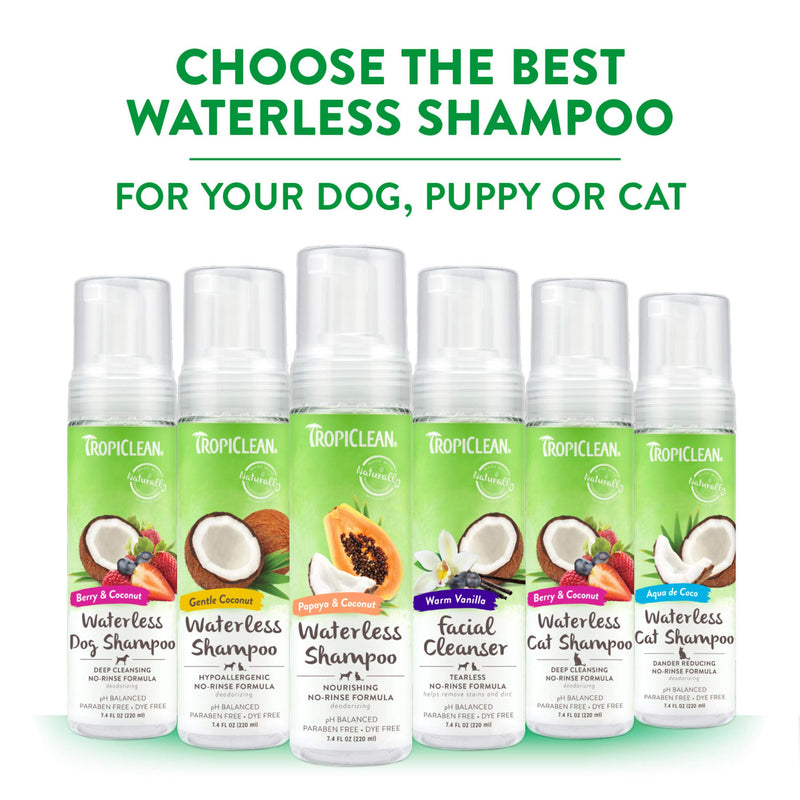 [Australia] - TropiClean Waterless Shampoos for Pets - Made in USA - No Rinse - Apply, Brush and Dry - Naturally Derived Ingredients - Soap Free - Great for Parks, Beaches, Hikes and Road Trips 7.4 Ounce Dander Reducing 