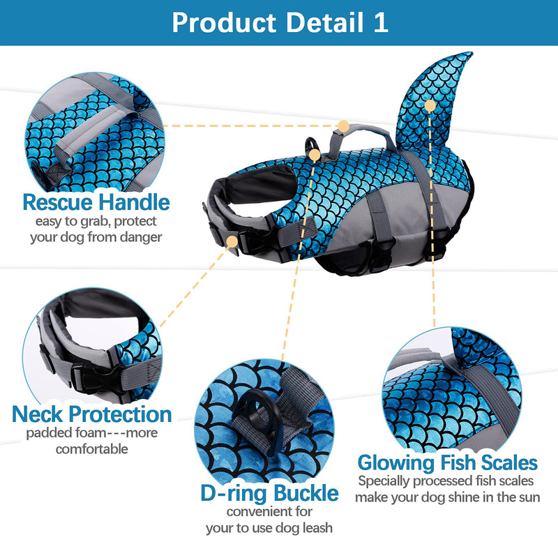 Kuoser Dog Life Jacket Vest High Floatation, Shark Shape Fish Scales Dog Swimsuit Pet Safety Vest with Easy Grab Rescue Handle & D-ring Buckle, Dog Life Preserver for Swimming Boating L-chest girth: 22.8"-29.5" Blue - PawsPlanet Australia