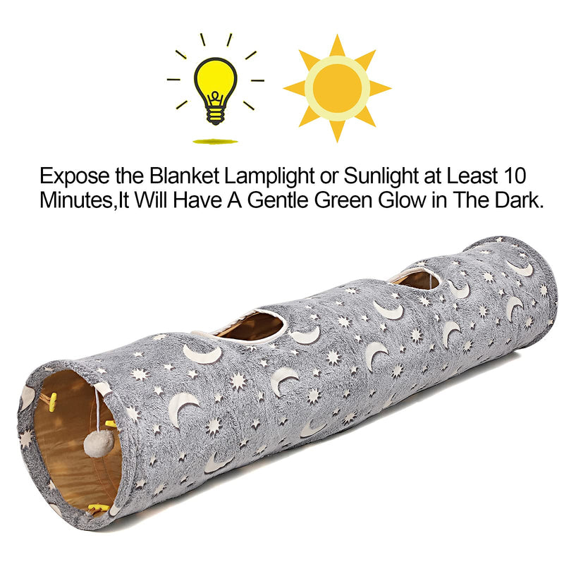 LUCKITTY Cat Tunnel Tube with Plush Ball Toys Collapsible Self-Luminous Photoluminescence, for Small Pets Bunny Rabbits, Kittens, Ferrets,Puppy and Dogs Grey Moon Star 47.2Inch - PawsPlanet Australia