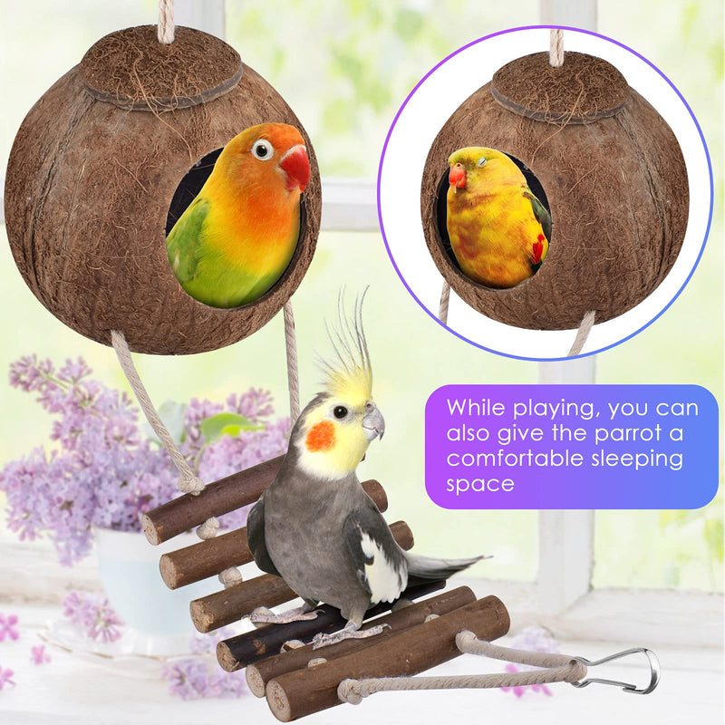 ERKOON Bird Parrot Toys, Hanging Natural Wooden Coconut Perch Birds House with Ladder, Stand Chewing Bell Pet Birds Cage Toy accessories Suitable for Parakeet, Conure, Cockatiel, Mynah?8 Pack? - PawsPlanet Australia